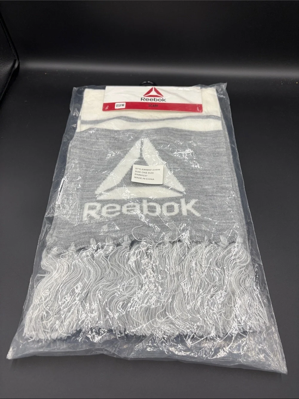 Brand New Reebok Gray & White Logo Knit Scarf with Fringe